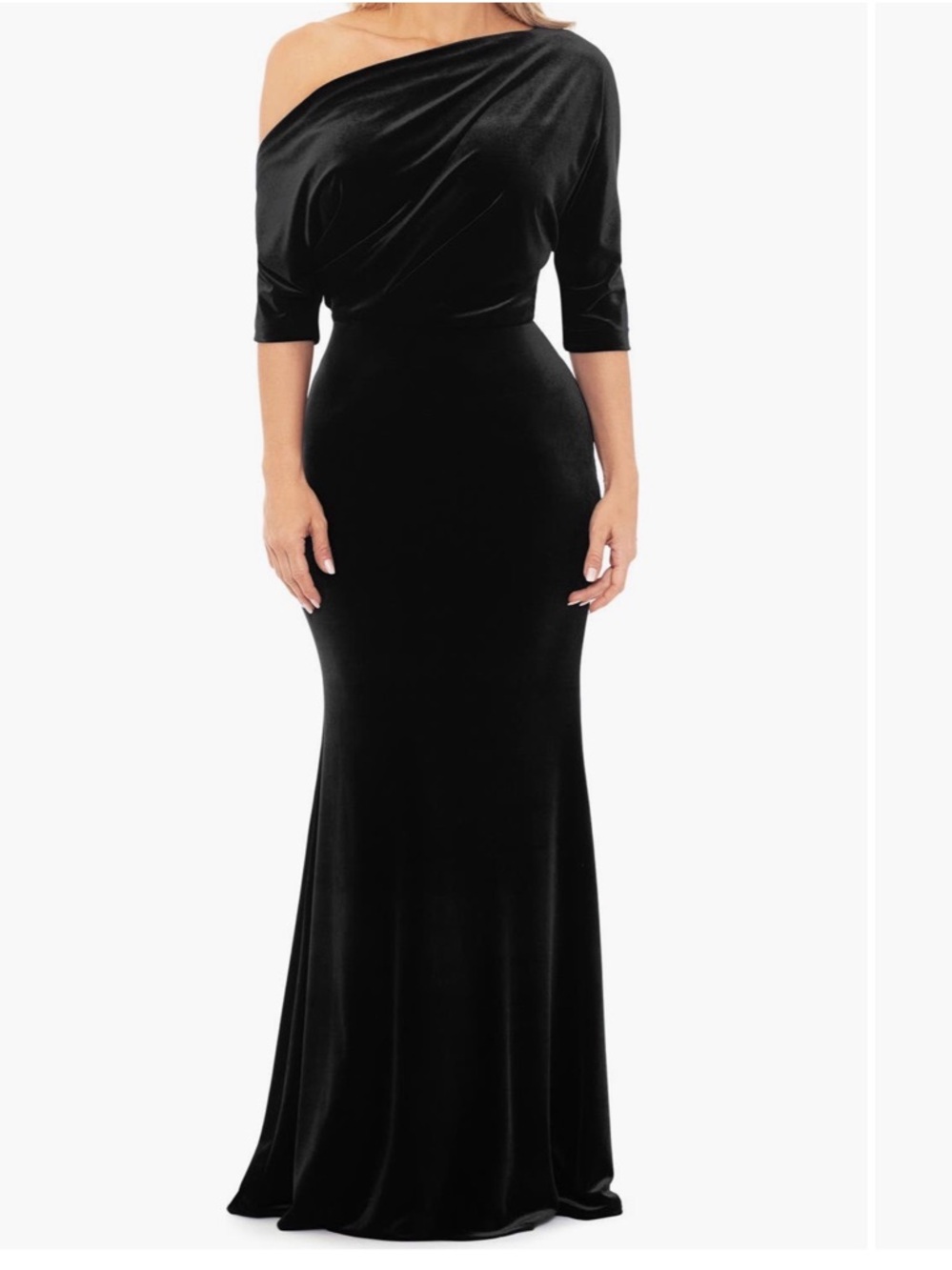 Betsy & Adam One-Shoulder Velvet Gown in Royal Blue